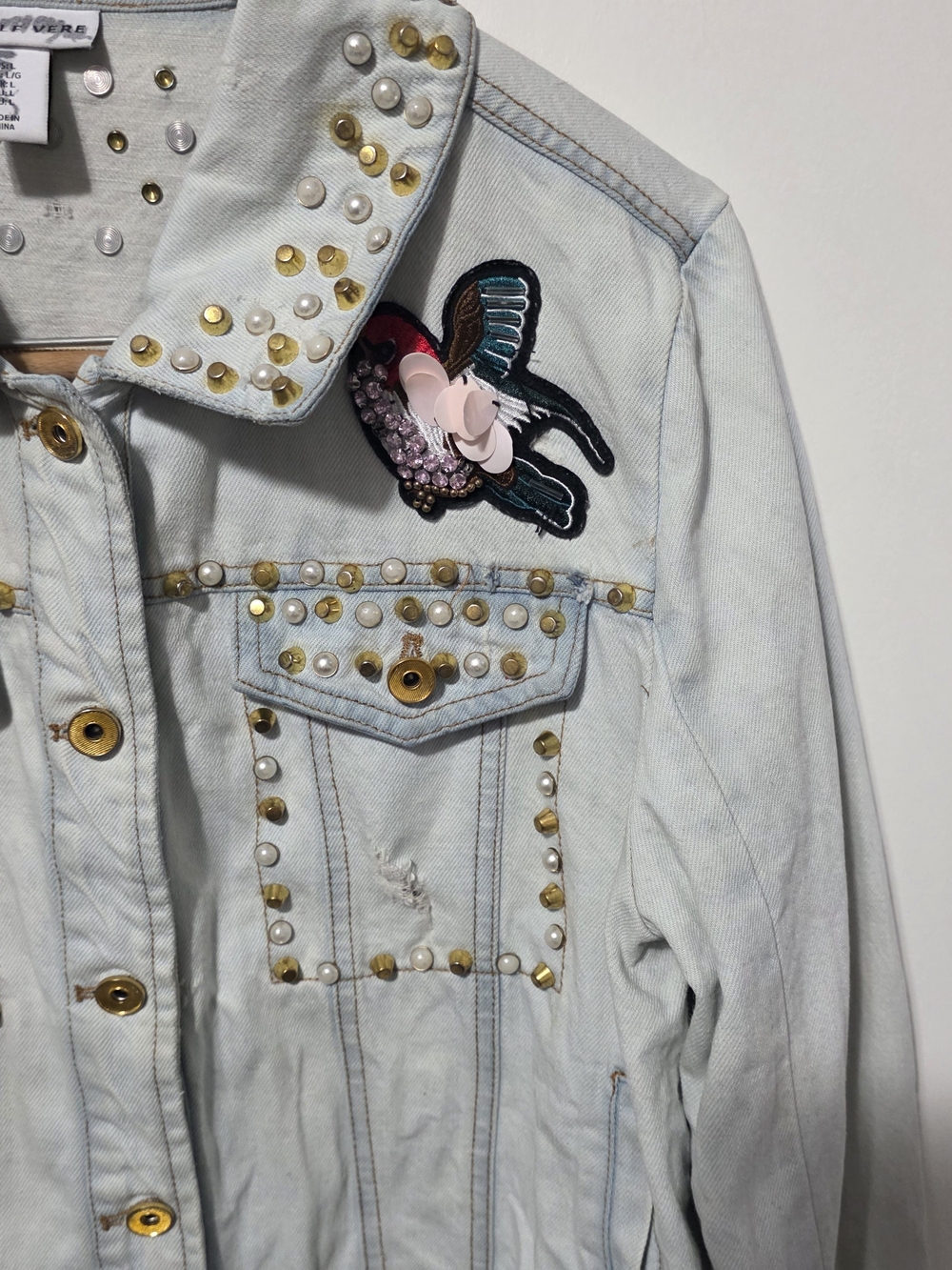 Studded Embroidered Light Blue Denim Jacket by Faded Glory - Picture 2 of 15